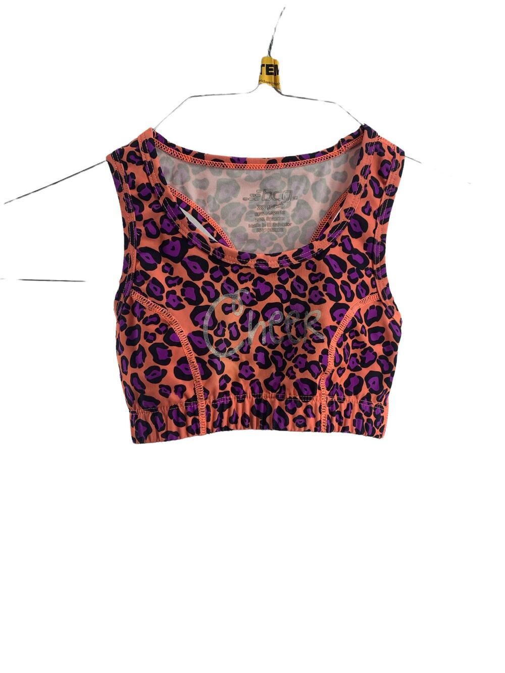 BCG Girls' Orange Purple Leopard Print Cheer Sports Bra Youth Size XS 6-6X